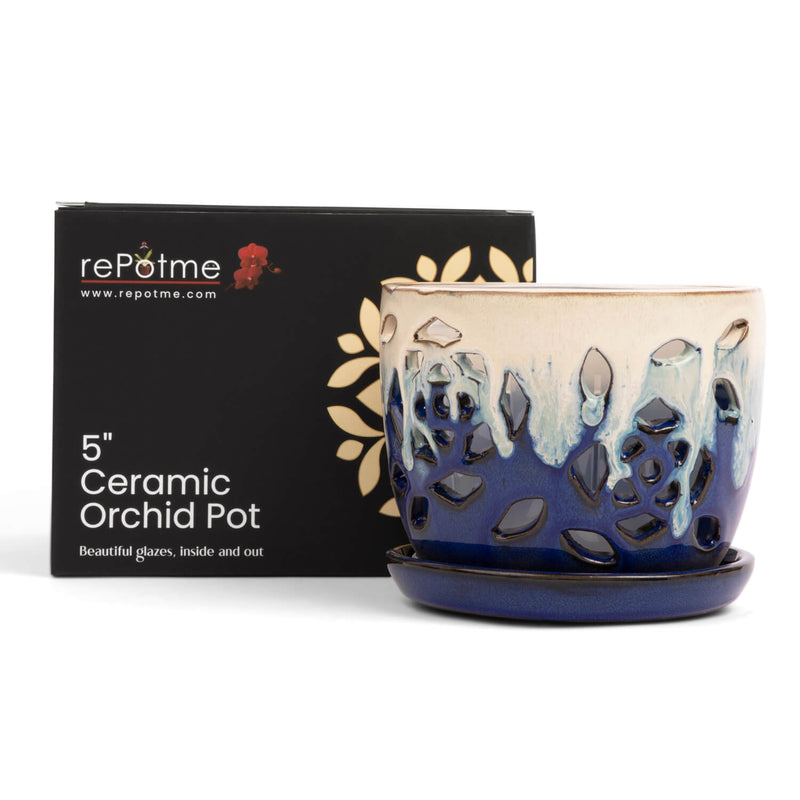 5" Sky Blue Over Cobalt Floral Cutout Orchid Pot