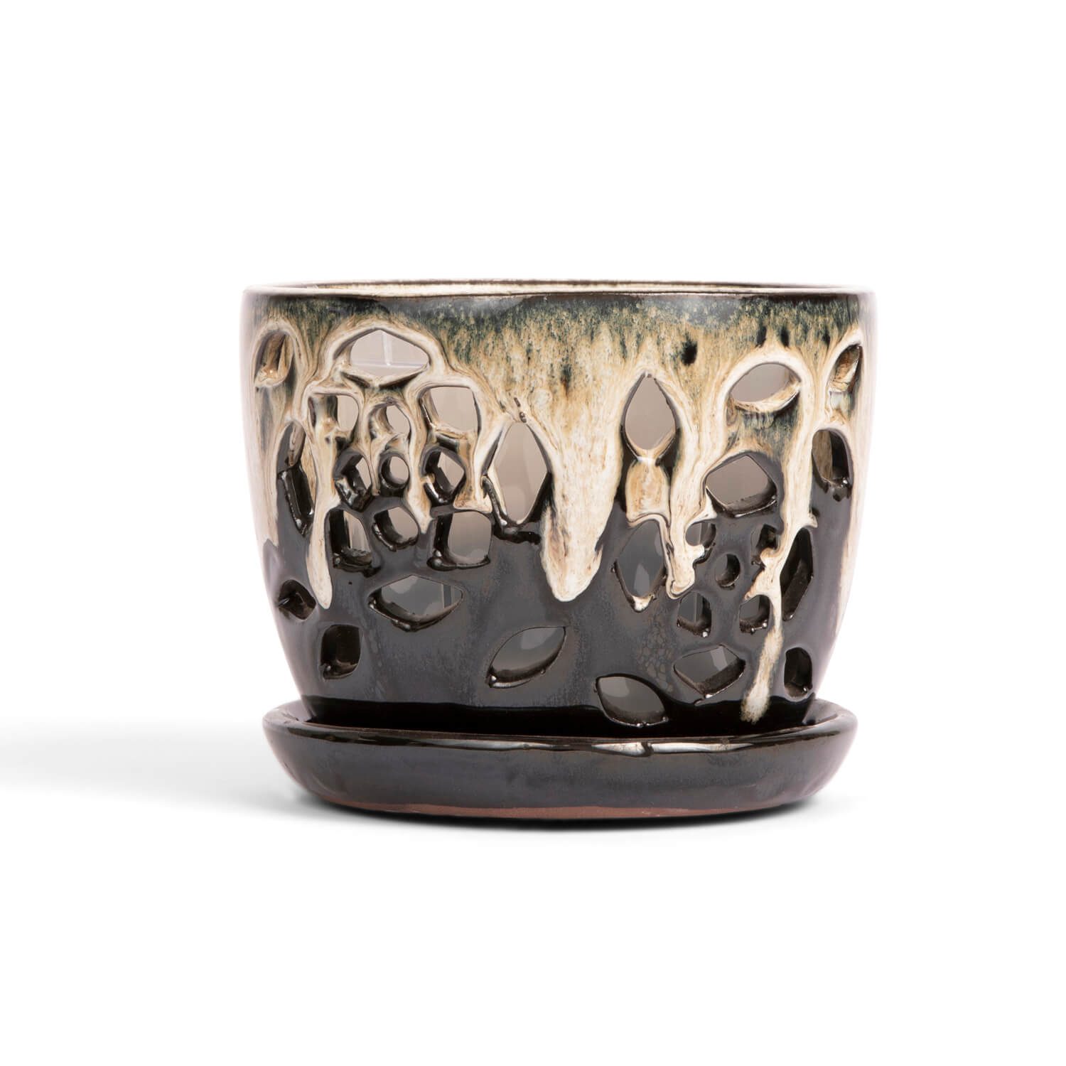 5" Honey Cream Over Coffee Floral Cutout Orchid Pot