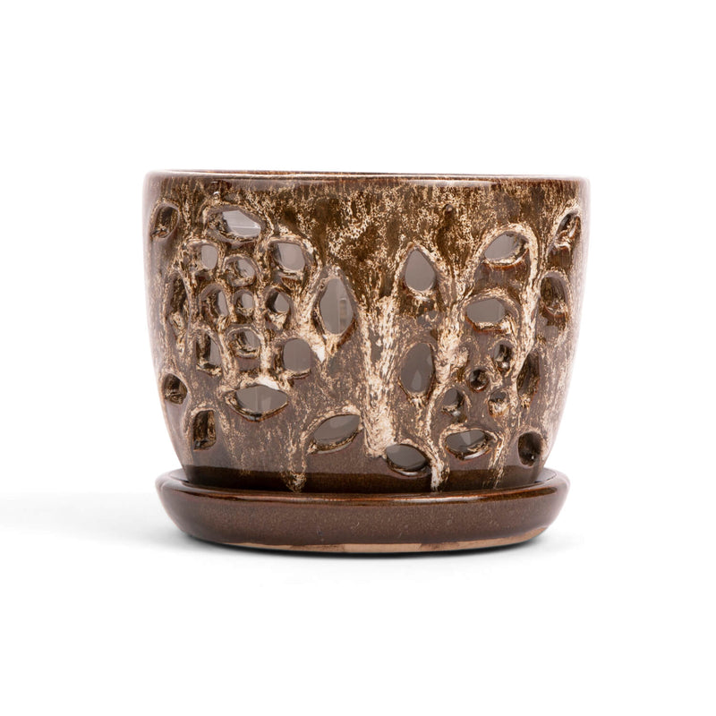 5" Creamy Chestnut Floral Cutout Orchid Pot