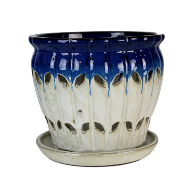 6" Cobalt Blue Over Cream Pinwheel Fluted Orchid Pot
