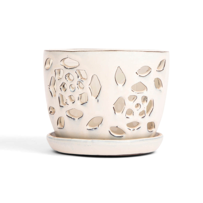 5" White Diamond Floral Cutout Orchid Pot