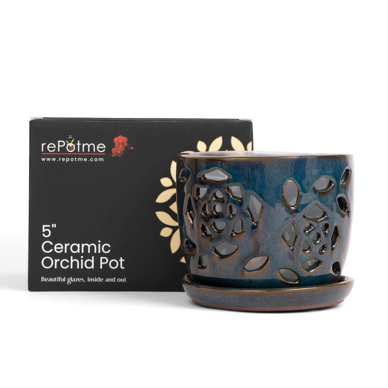 5" Teal Jade Floral Cutout Orchid Pot