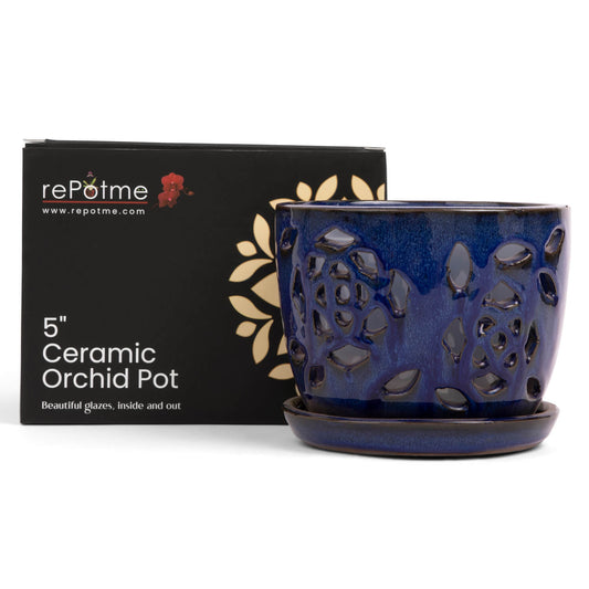 5" Midnight Blue Floral Cutout Orchid Pot