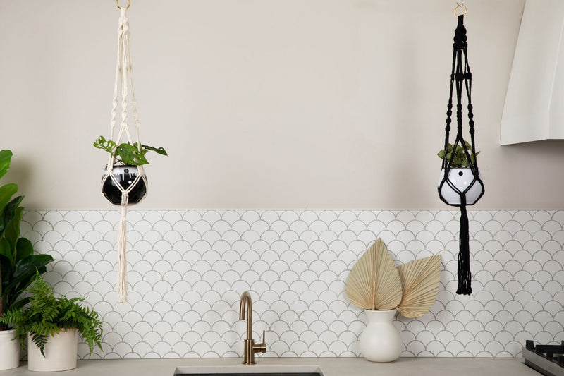 Macrame Hanger Self Watering Set - Linen White + Midnight Sky