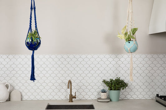 Macrame Hanger Self Watering Set - Linen White + Ocean Blue