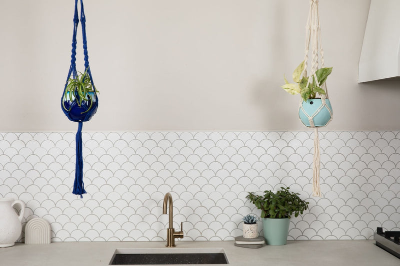 Macrame Hanger Self Watering Set - Linen White + Ocean Blue