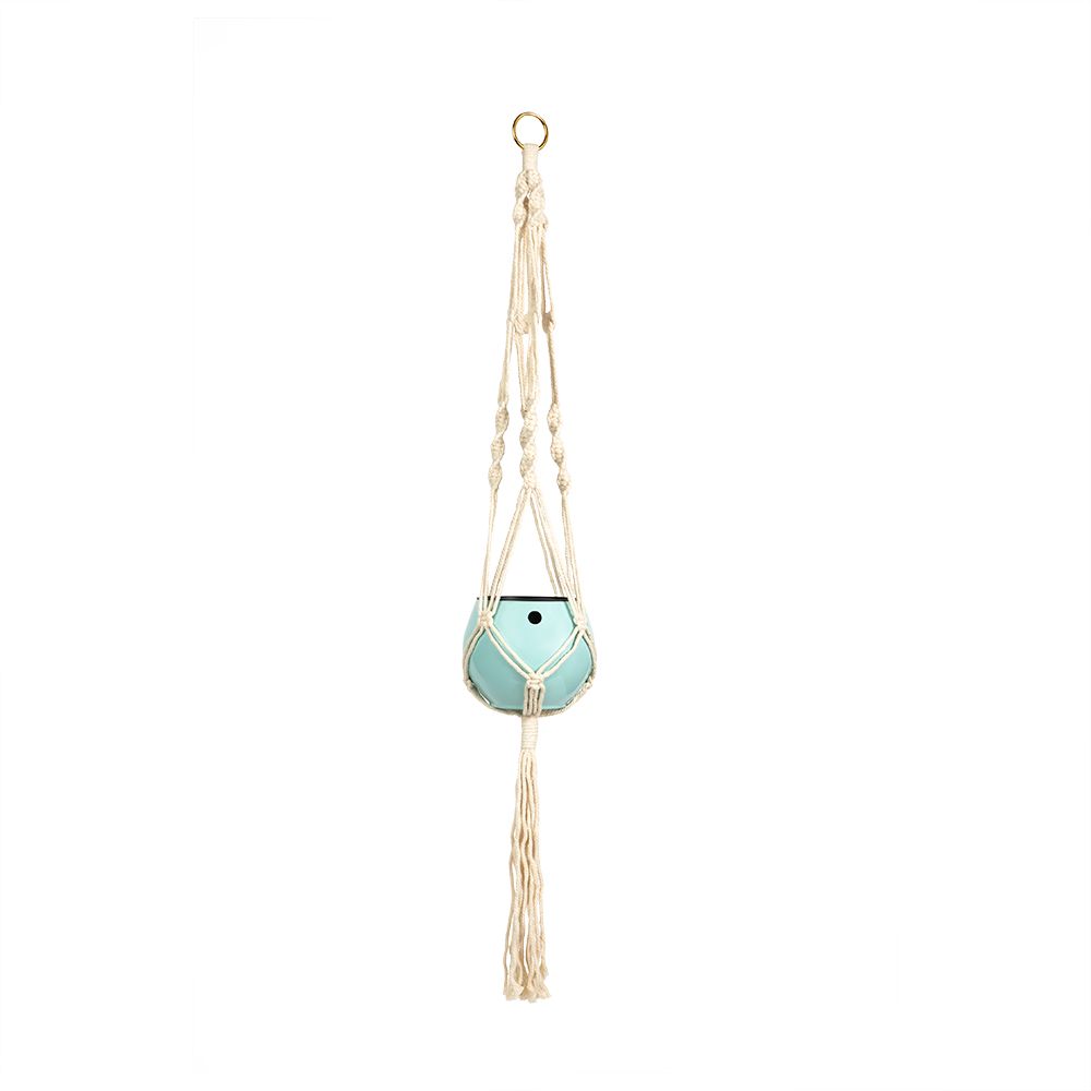 Macrame Hanger Self Watering Set - Linen White + Ocean Blue
